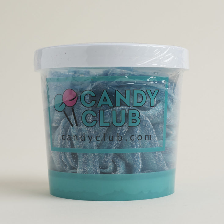 Dorval Sour Power Berry Blue Raspberry Belts in plastic Candy Club container