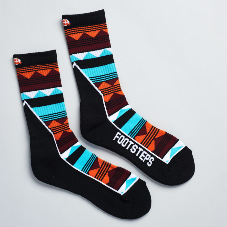 blue orange and black patterned socks from footsteps