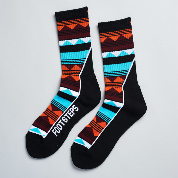 blue orange and black patterned socks from footsteps