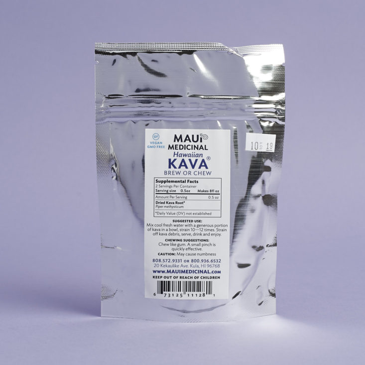 back of Maui Medicinal Kava Brew and Chew