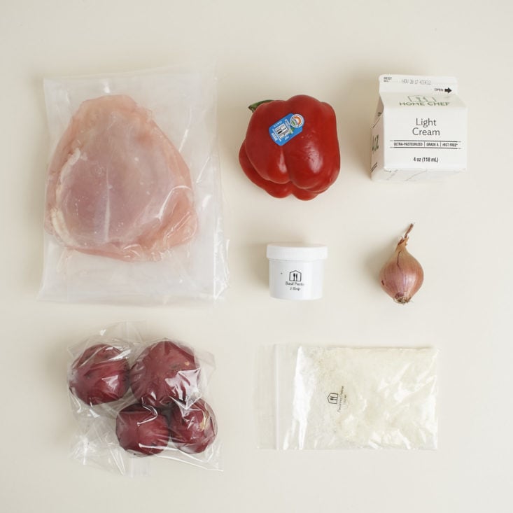 laid out ingredients for chicken with basil-pecorino sauce