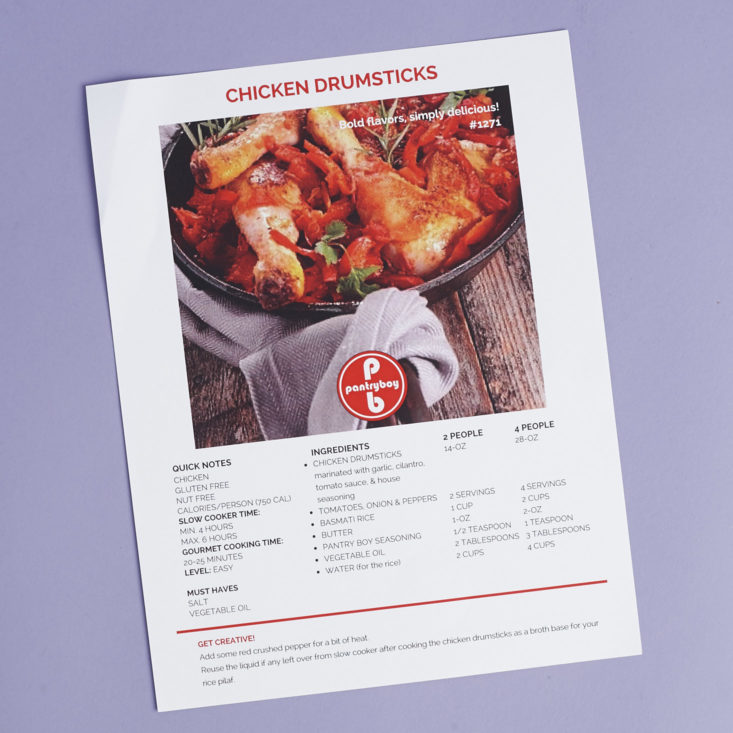 recipe card for Chicken Drumsticks with Tomatoes Onions and Peppers over rice
