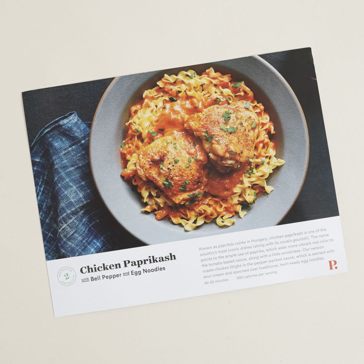 recipe card for chicken paprikash with bell pepper and egg noodles