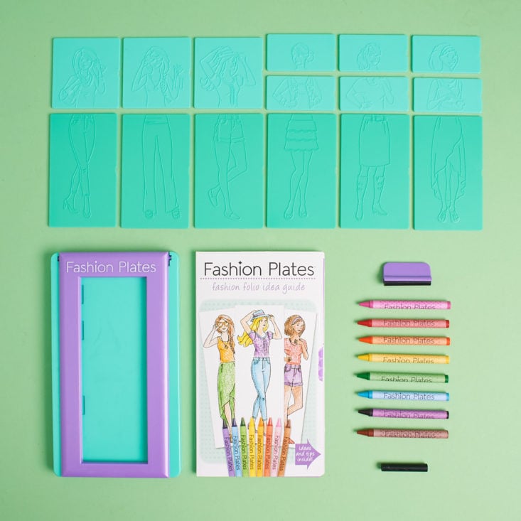 Full fashion plates set organized with crayons and all plates shown