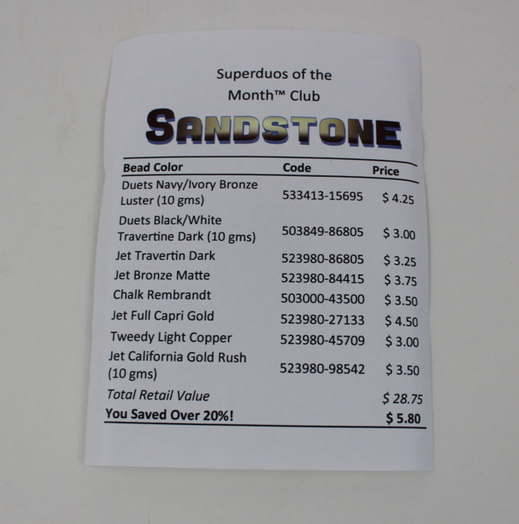info card for adornable elements bead subscription that says "sandstone"