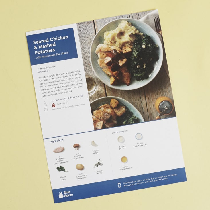 front of recipe card for Seared Chicken & Mashed Potatoes with Mushroom Pan Sauce