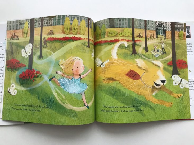 illustration of girl running with dog in children's book tulip loves rex