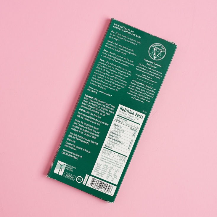 back of green package of chocolate