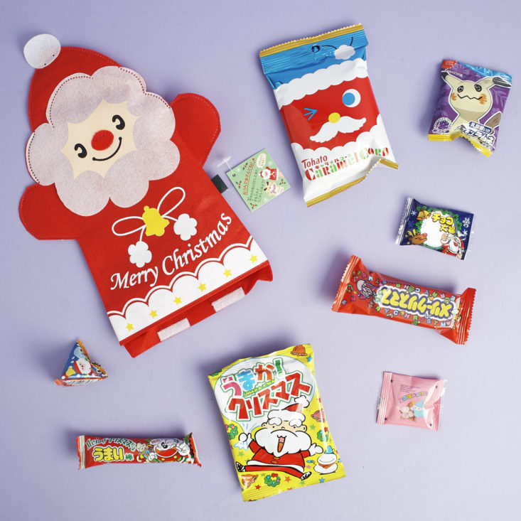 assorted japanese Christmas treats with Santa pouch
