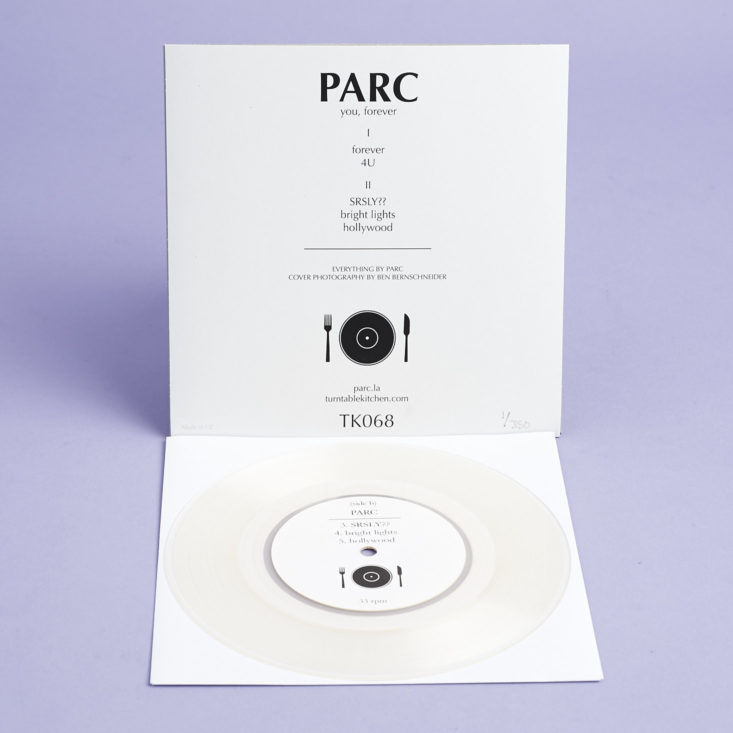 back cover of PARC you forever 7" with clear vinyl in front