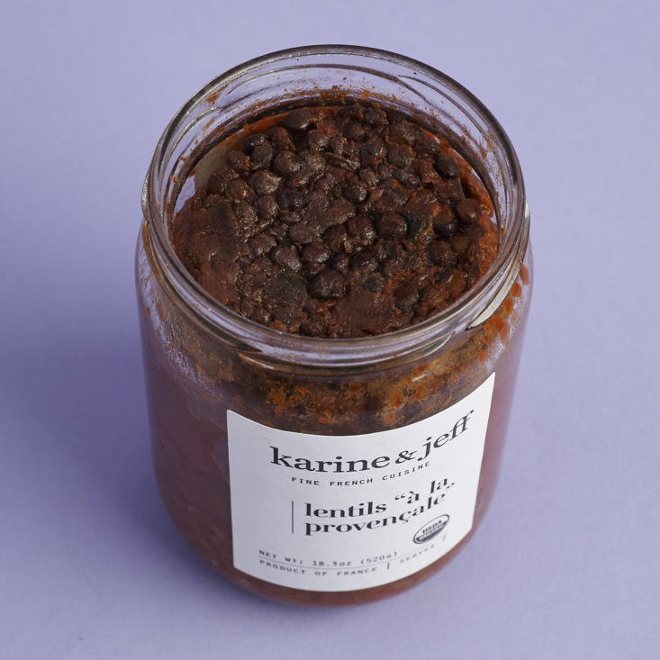 open jar of Karine & Jeff Organic French Lentils a la Provencale