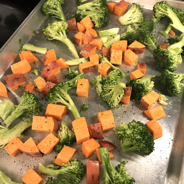 Roasting the sweet potato and broccoli