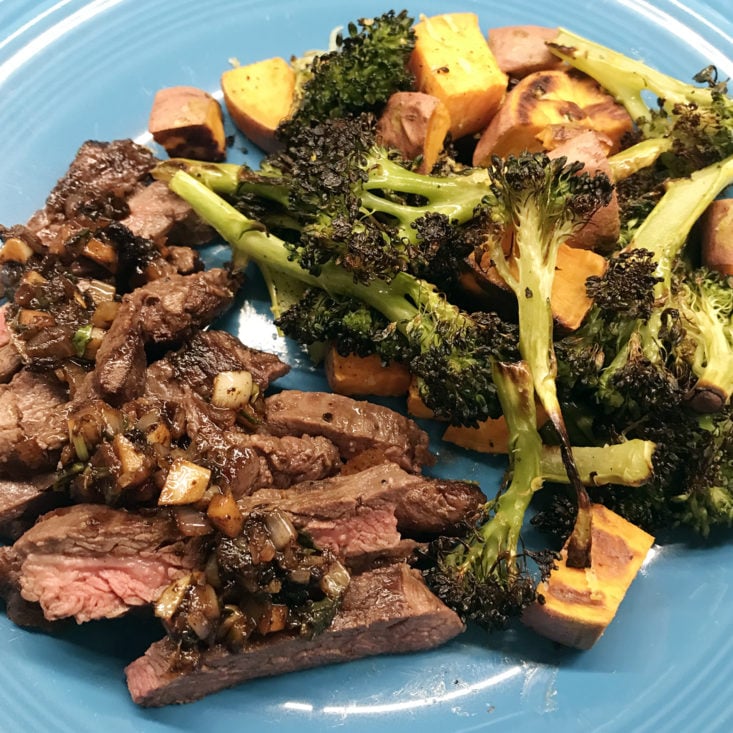 Close up of steak and roasted veggies