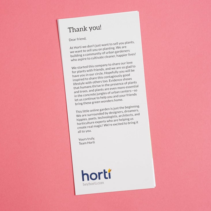 thank you card with info on the horti company