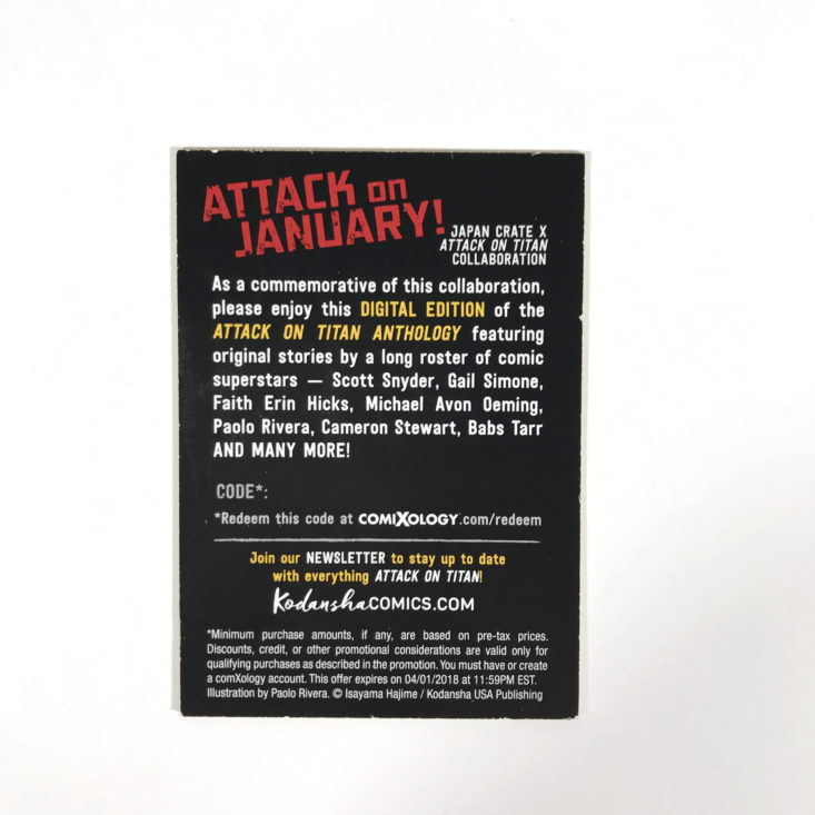 Japan Crate Premium Attack on Titan January 2018 - Collectable Card Back