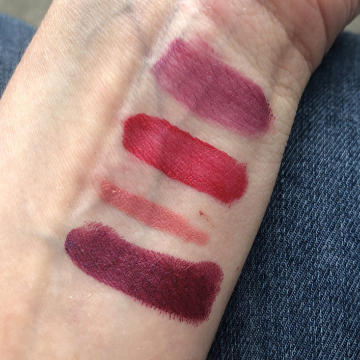 all lipsticks swatched on inside arm