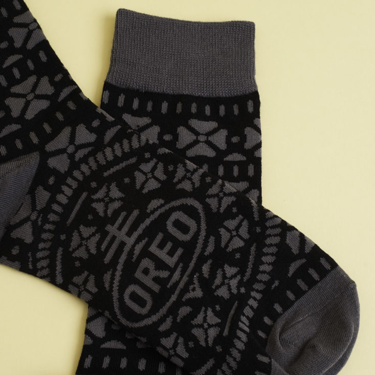 close up of Grey and black OREO socks