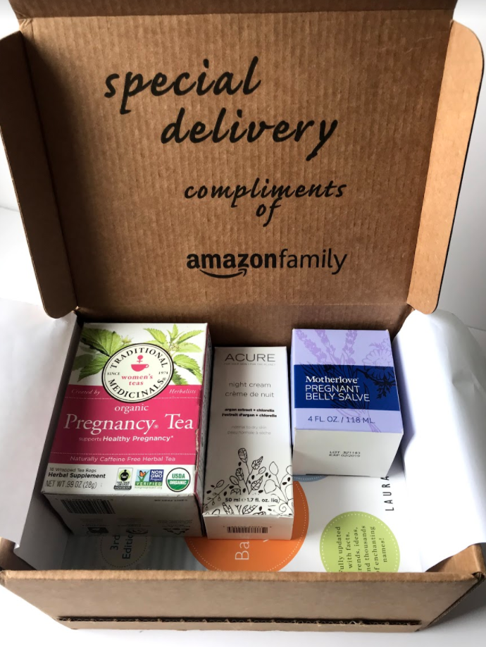 Amazon Second Trimester Maternity Box Jan 2018 box open showing products