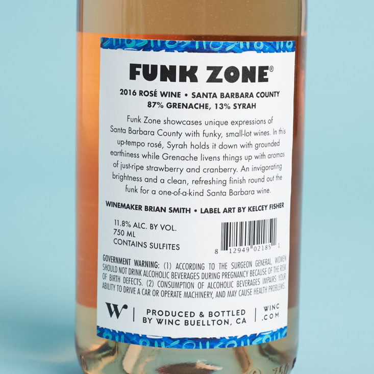 back of Funk Zone 2016 Rose Wine