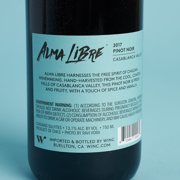 back of Alma Libre 2017 Pinot Noir WIne