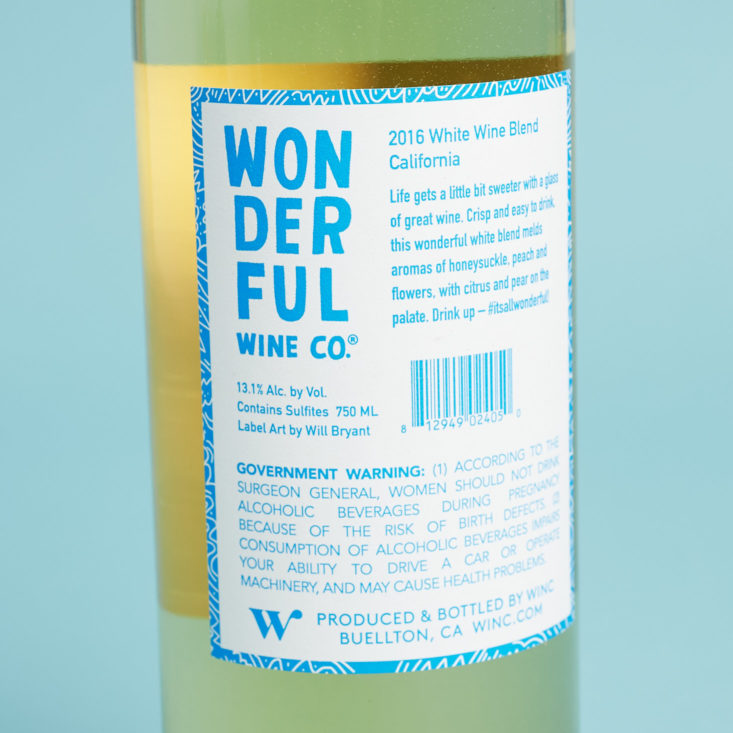 back of Wonderful Wine Co 2016 White Wine Blend