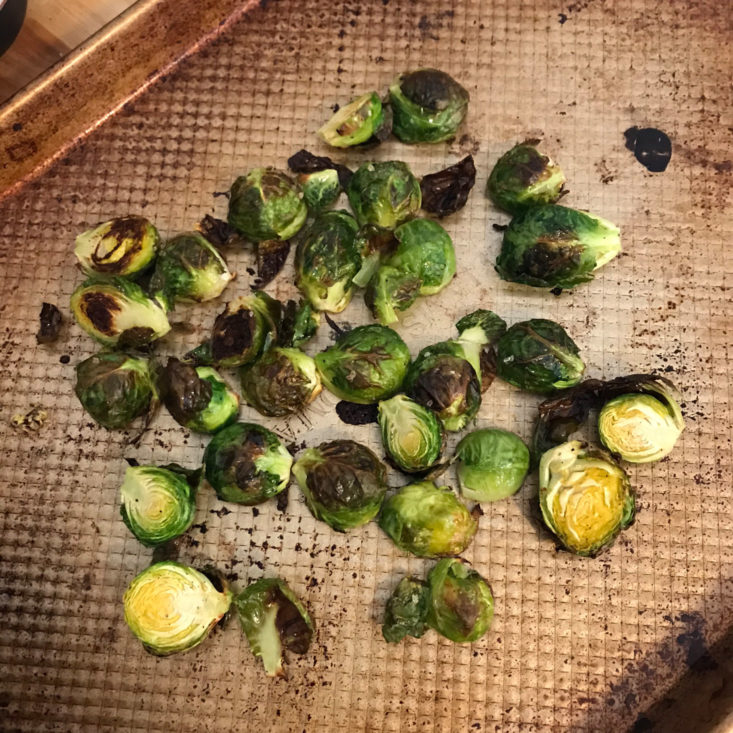 cooked brussels sprouts on baking sheet