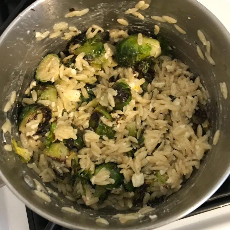 orzo with brussels sprouts, feta, creme fraiche and lemon