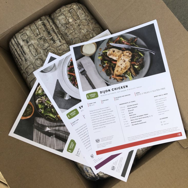 Green Chef Keto January 2018 - Box inside showing recipe cards