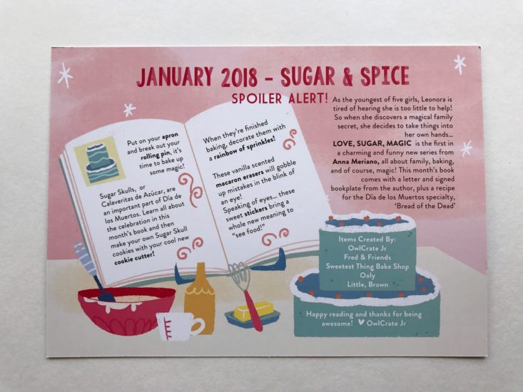 OwlCrate Jr January 2018 Sugar and Spice Booklet back