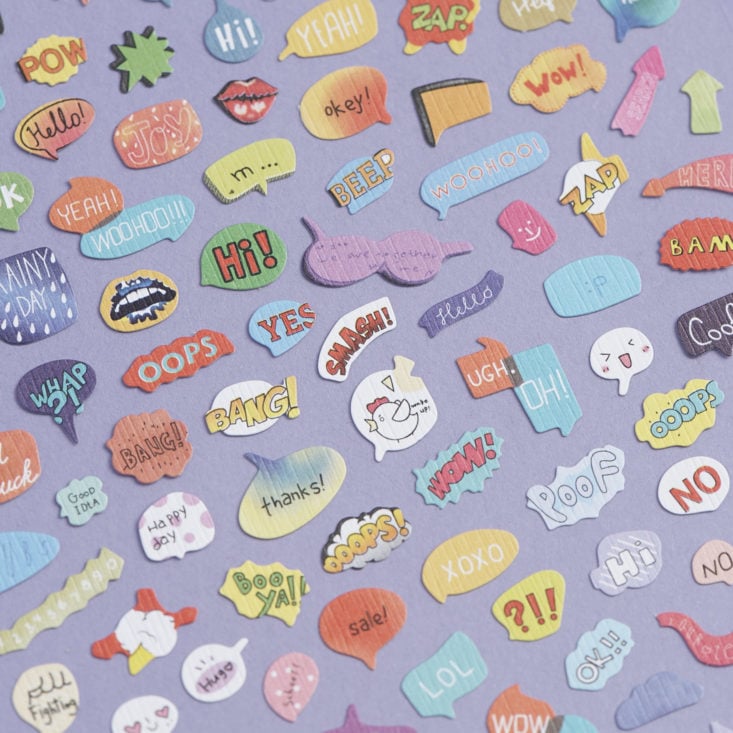 close up of word bubble stickers