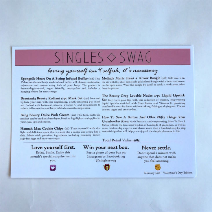 Singlesswag February 2018 info card