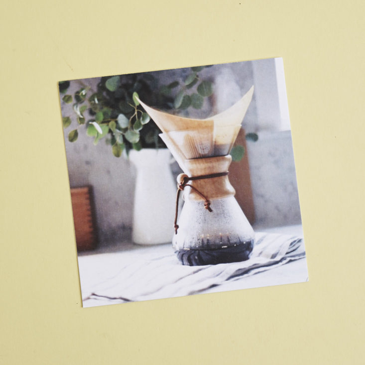 front of download card featuring chemex coffee maker