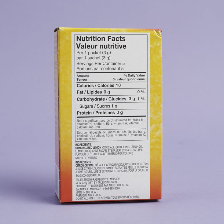 nutritional info for True Lemon in Raspberry Lemonade