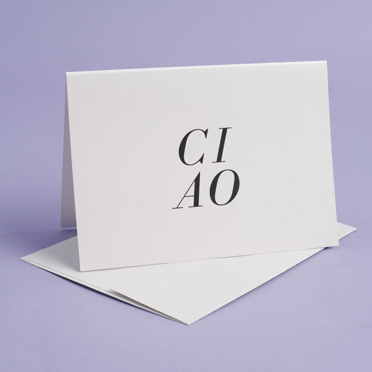 pale pink "Ciao" greeting card with grey envelope