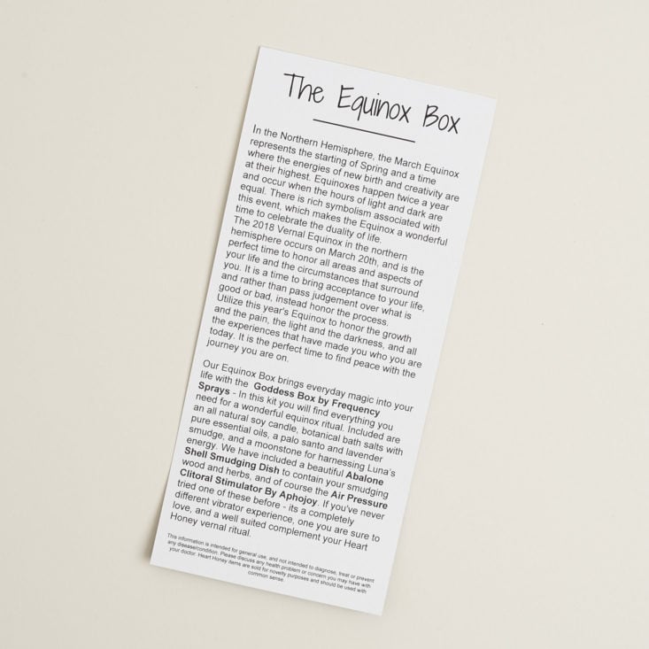 The Equinox Box info card, back