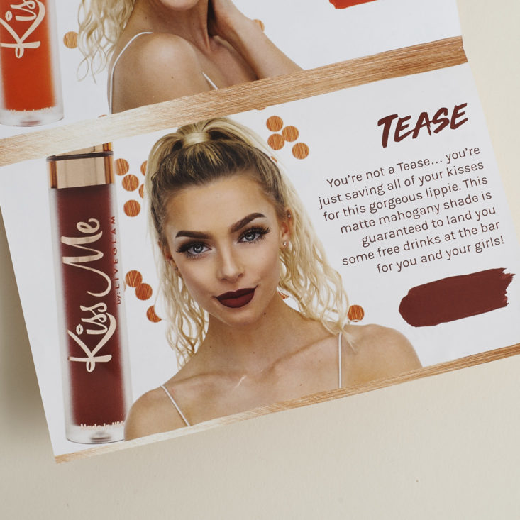 LiveGlam KissMe matte Liquid lipstick in Tease info card