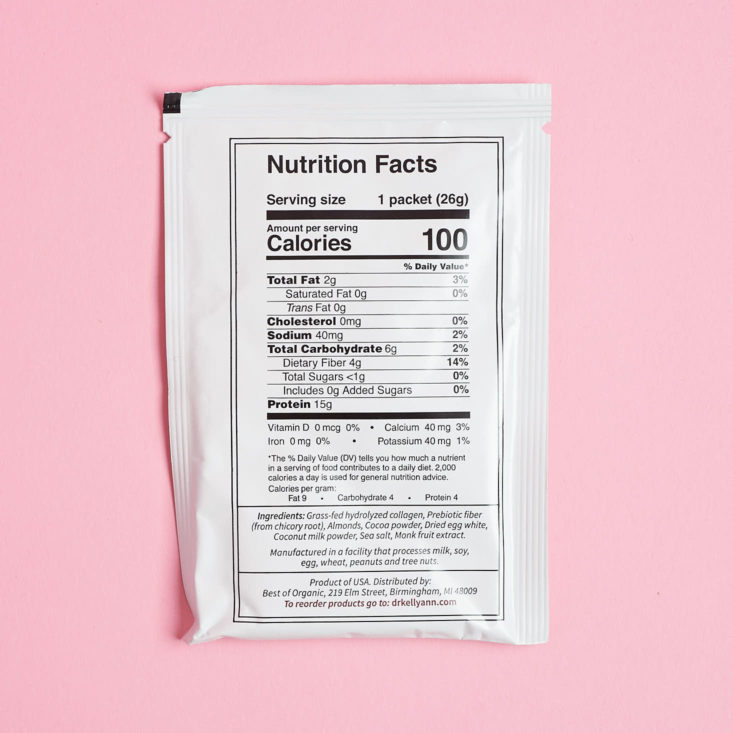 nutrition facts on back of collagen shake