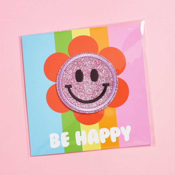 be happy pink glittery smiley face patch 70s 90s quirky crate edition