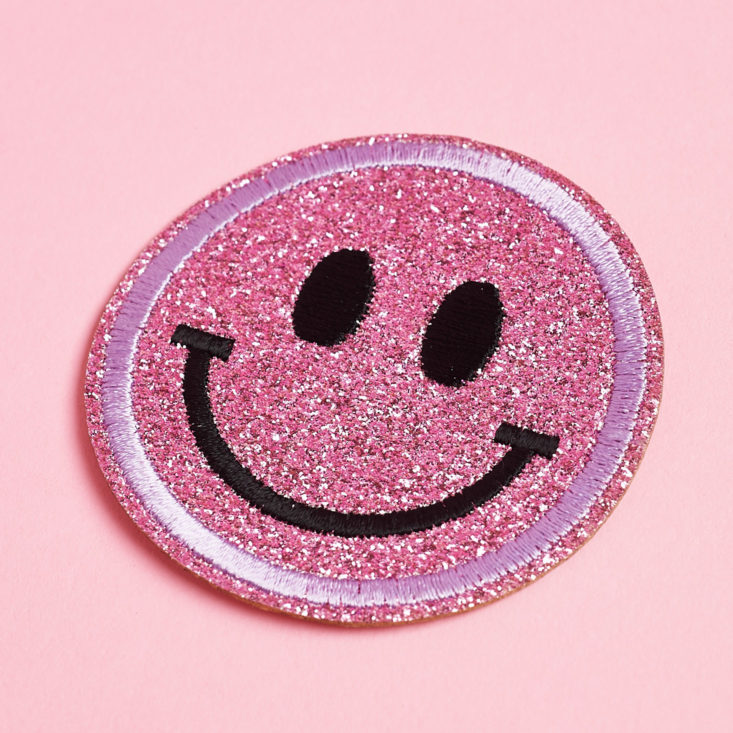70s 90s style smiley face with pink glitter patch
