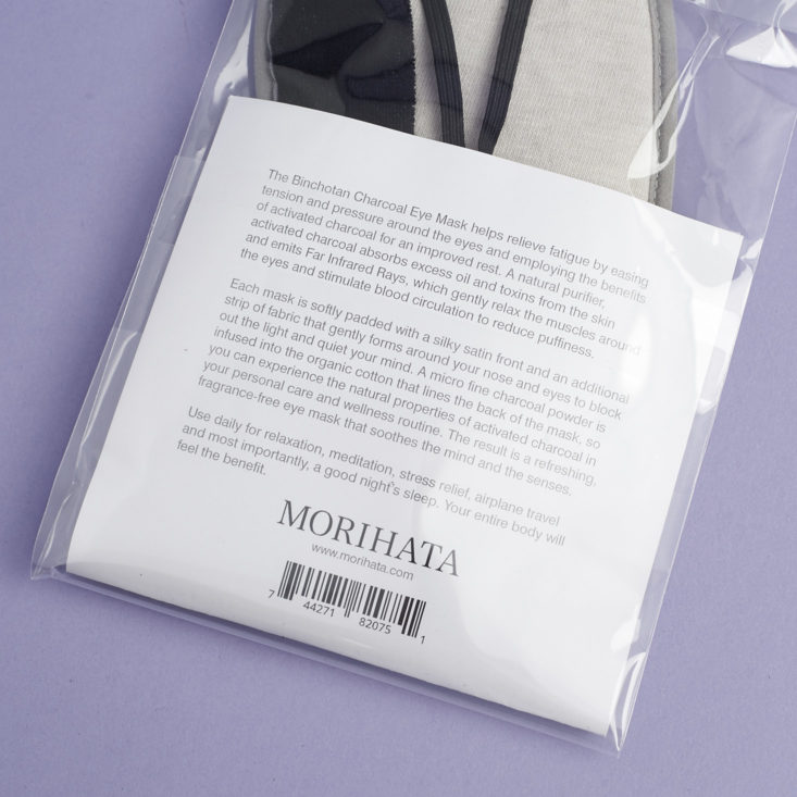 description on back of Morihata Binchotan Eye Mask package