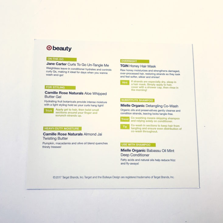 back of the Target Define & Shine info card