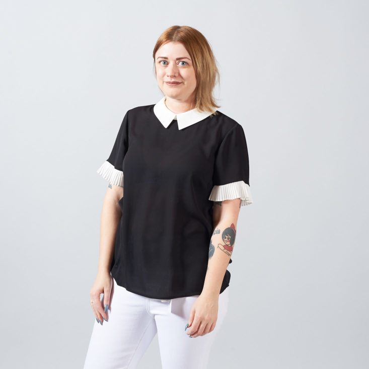 CeCe Pleat Sleeve Collared Crepe Blouse on model