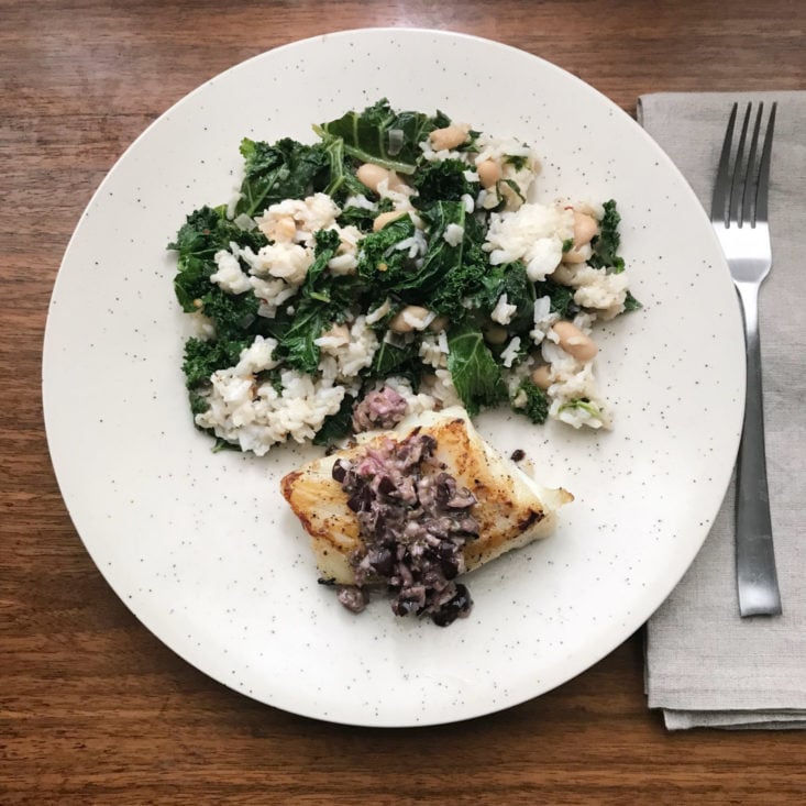 finished Seared Cod and Olive Tapenade with kale and brown rice