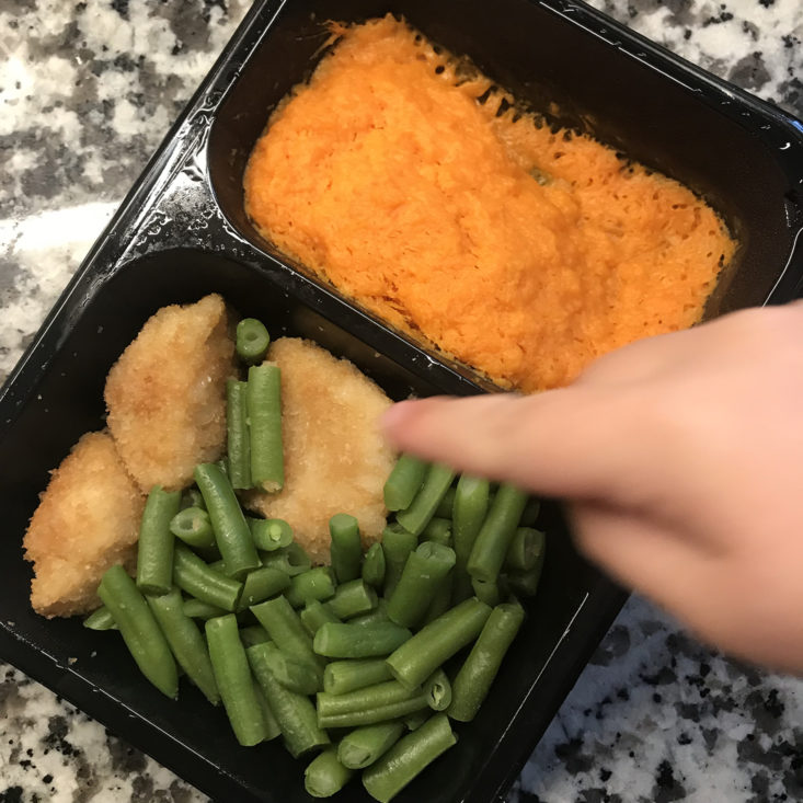 Chicken nuggets with green beans and sweet potato