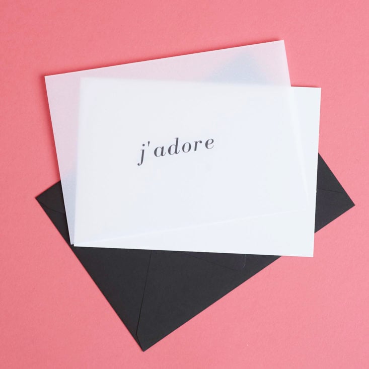 Transparent "J'adore" Greeting Card with black envelope
