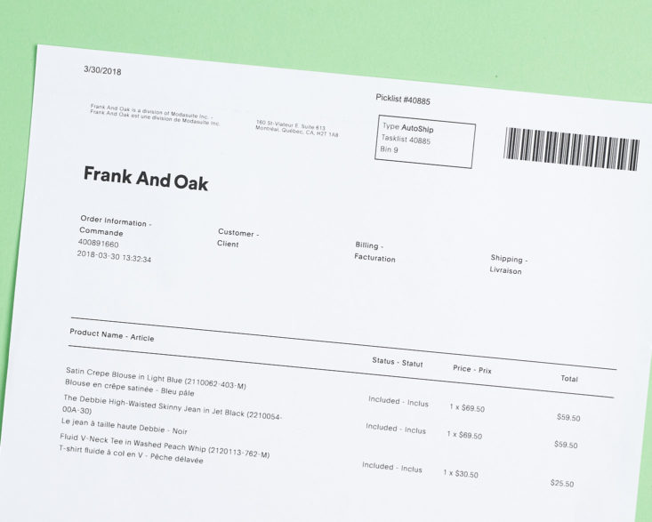 frank and oak invoice