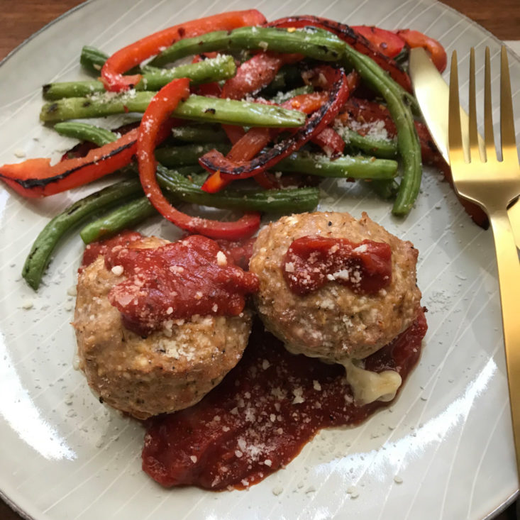 close up of plated Provolone-Stuffed Turkey Mini Meatloaves