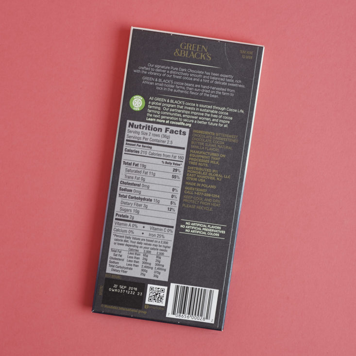 back of Green & Black's 70% Cacao Pure Dark Chocolate
