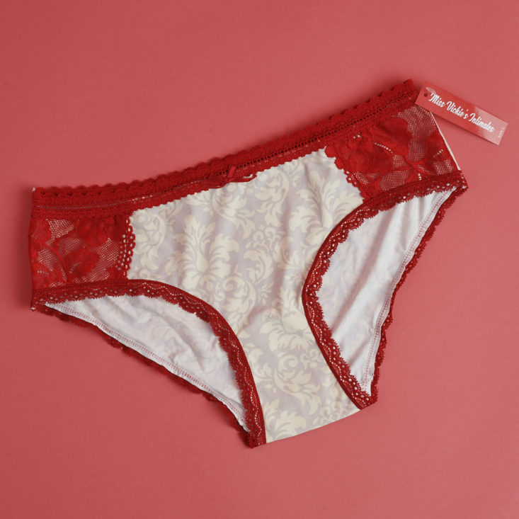 front of Miss Vickies Intimates cream print with red lace undies