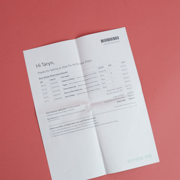Stitch Fix Maternity April 2018 receipt